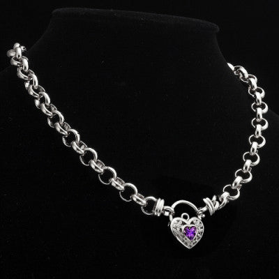 925 Sterling Silver Plated 10mm Belcher Chain Necklace with a Purple Filigree Locket - USA Made