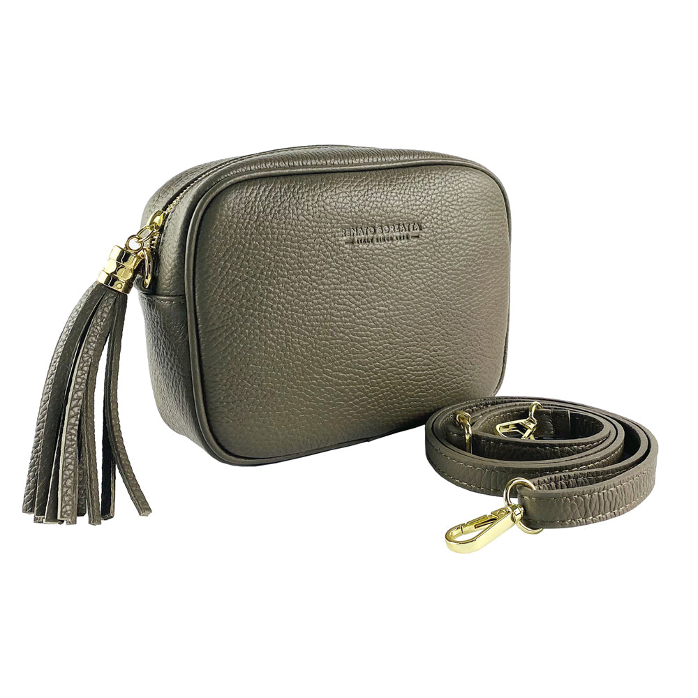 RB1007AQ | Tracollina Donna in Vera Pelle Made in Italy.Tracolla removibile. Attacchi con moschettoni in metallo Oro Lucido - Colore Taupe - Dimensioni: cm 20 x 15 x 7