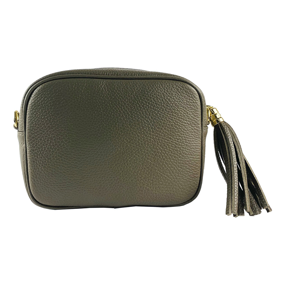 RB1007AQ | Tracollina Donna in Vera Pelle Made in Italy.Tracolla removibile. Attacchi con moschettoni in metallo Oro Lucido - Colore Taupe - Dimensioni: cm 20 x 15 x 7