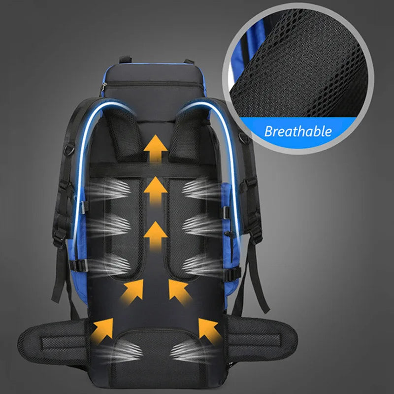 90L Waterproof Camping Backpack with Cover Blue