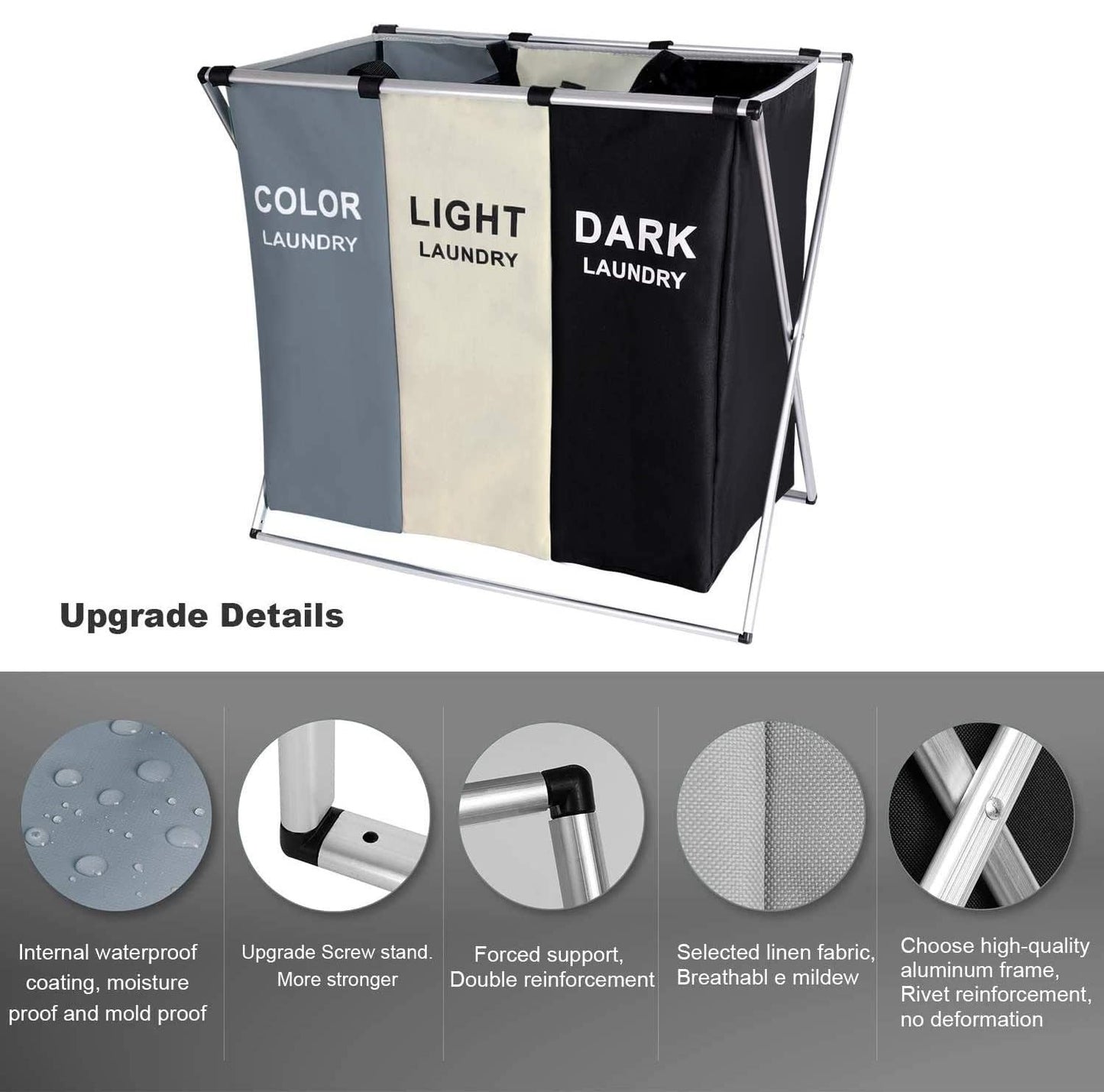 NNEDSZ 3 in 1 Large 135L Laundry Clothes Hamper Basket with Waterproof bags and Aluminum Frame (Multi)