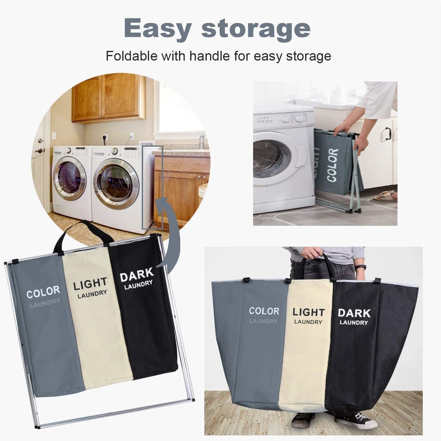 NNEDSZ 3 in 1 Large 135L Laundry Clothes Hamper Basket with Waterproof bags and Aluminum Frame (Multi)