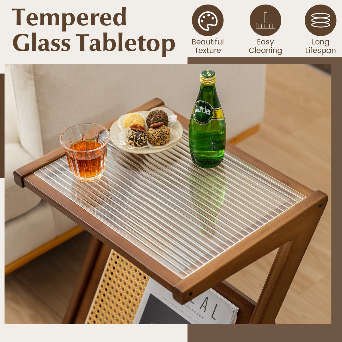 NNECW Z-shaped Boho Bamboo End Table with Tempered Glass Top-Brown
