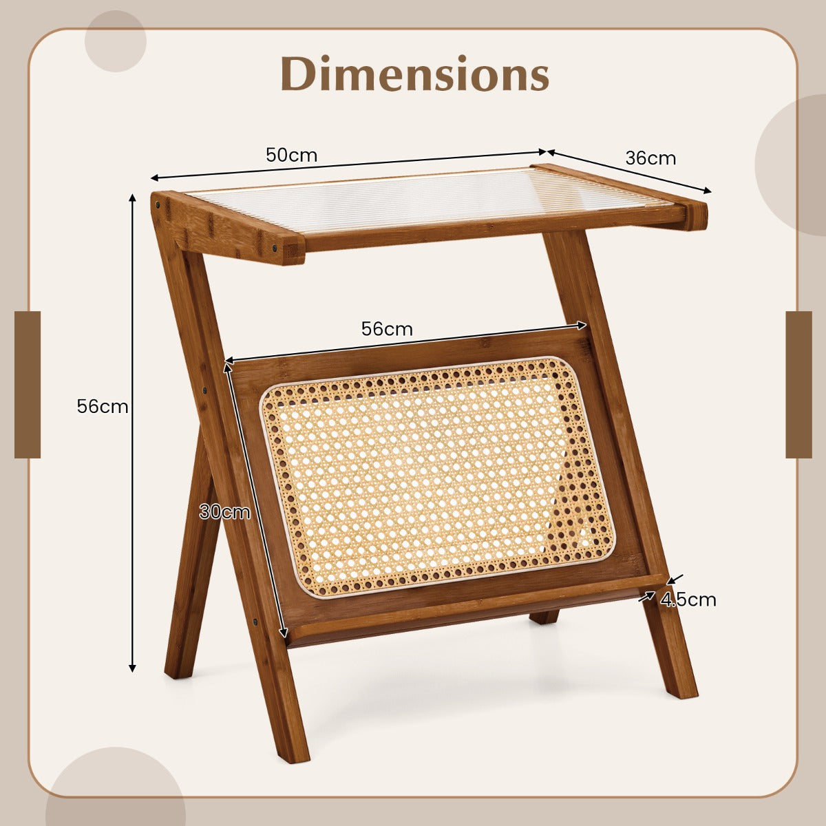NNECW Z-shaped Boho Bamboo End Table with Tempered Glass Top-Brown