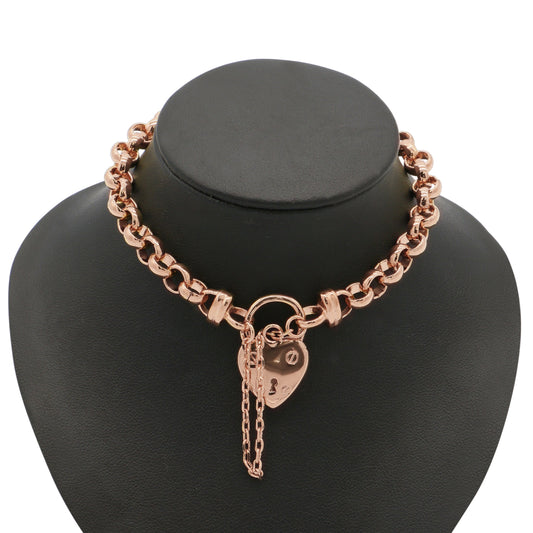 18ct Heavy Rose Gold Plated 6mm Belcher Chain Bracelet with a Small Plain Heart Locket - USA Made-0