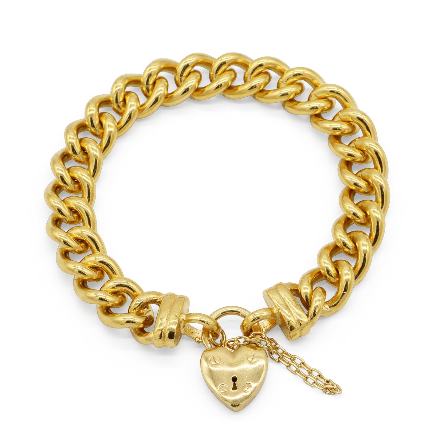 18ct Heavy Yellow Gold Plated 12mm Euro Curb Chain Bracelet with a Small Plain Heart Locket - USA Made