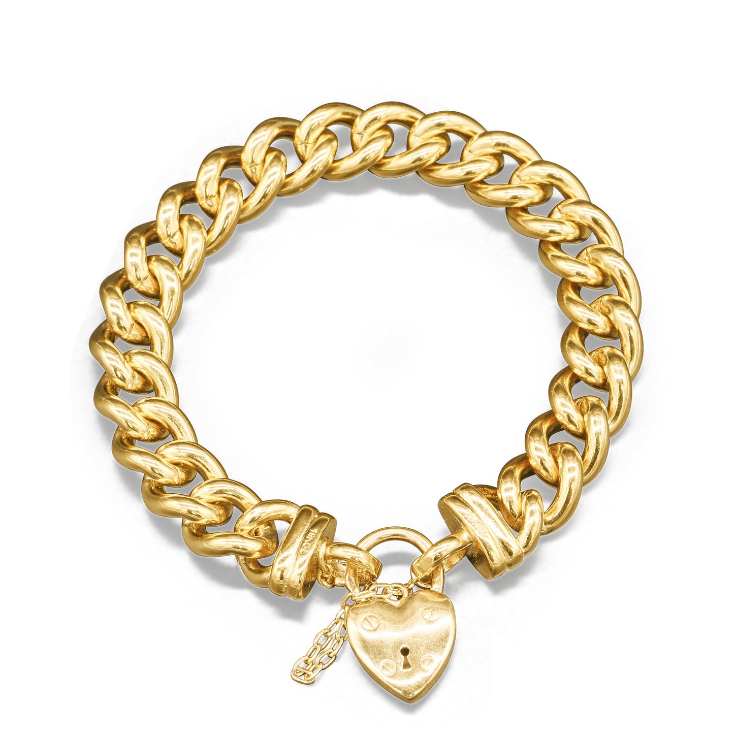 18ct Heavy Yellow Gold Plated 12mm Euro Curb Chain Bracelet with a Small Plain Heart Locket - USA Made