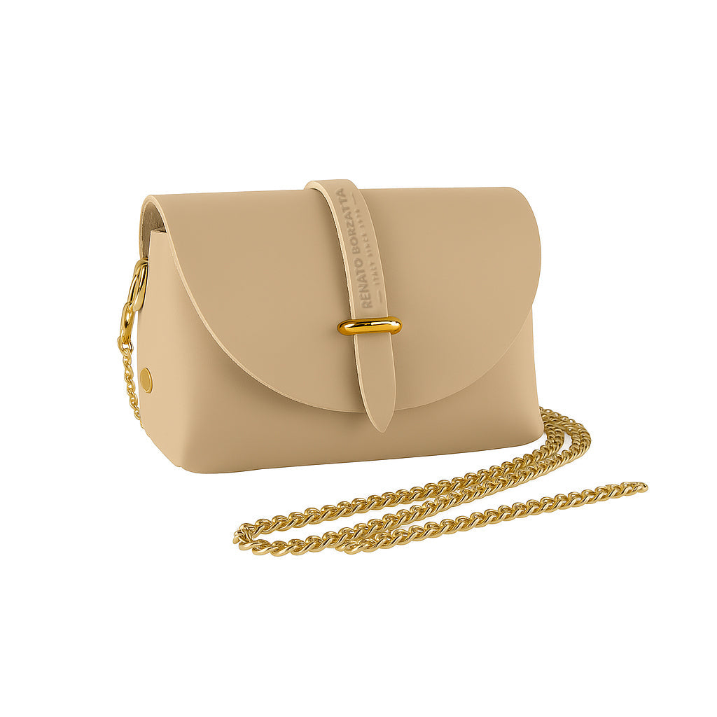 RB1001AL | Borsa Piccola in Vera Pelle Made in Italy con Tracollina removibile e passante di chiusura in metallo Oro Lucido - Colore Beige - Dimensioni: cm 16,5 x 11 x 8