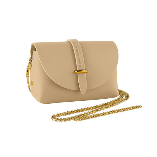 RB1001AL | Borsa Piccola in Vera Pelle Made in Italy con Tracollina removibile e passante di chiusura in metallo Oro Lucido - Colore Beige - Dimensioni: cm 16,5 x 11 x 8