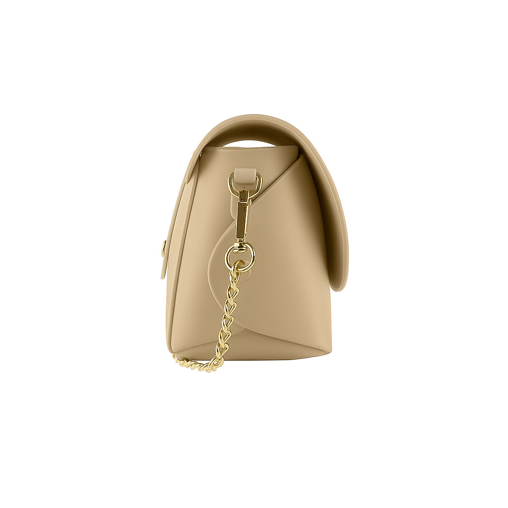 RB1001AL | Borsa Piccola in Vera Pelle Made in Italy con Tracollina removibile e passante di chiusura in metallo Oro Lucido - Colore Beige - Dimensioni: cm 16,5 x 11 x 8