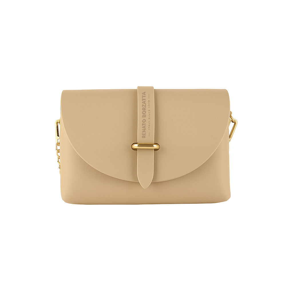 RB1001AL | Borsa Piccola in Vera Pelle Made in Italy con Tracollina removibile e passante di chiusura in metallo Oro Lucido - Colore Beige - Dimensioni: cm 16,5 x 11 x 8