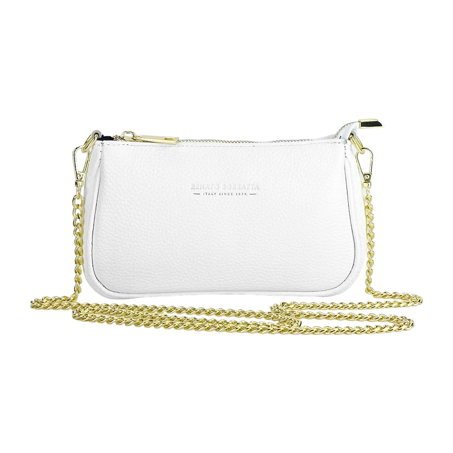 RB1022W | Borsa Piccola in Vera Pelle Made in Italy con Tracolla a catena removibile. Chiusura con lampo e Accessori in metallo Oro Lucido - Colore Bianco - Dimensioni: cm 20 x 12 x 6