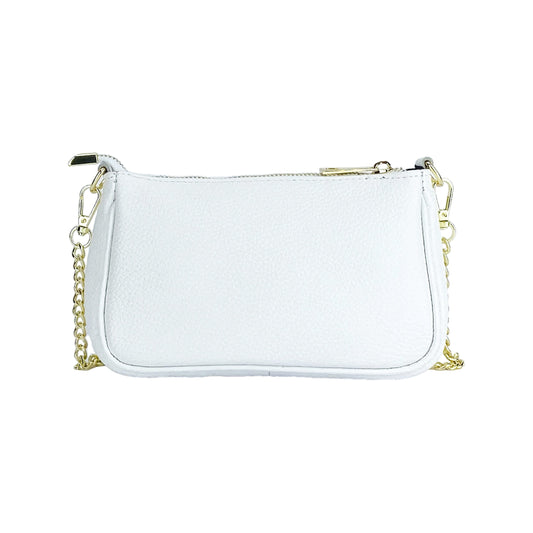 RB1022W | Borsa Piccola in Vera Pelle Made in Italy con Tracolla a catena removibile. Chiusura con lampo e Accessori in metallo Oro Lucido - Colore Bianco - Dimensioni: cm 20 x 12 x 6