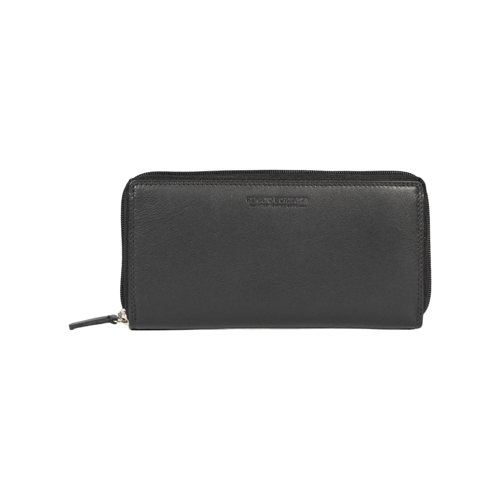 RB12080A | Portafogli Donna in Vera Pelle pieno fiore, con leggera grana. Colore Nero. Protezione RFID. Dimensioni: cm 20 x 10 x 2,5. Confezione: Scatola regalo fondo/coperchio