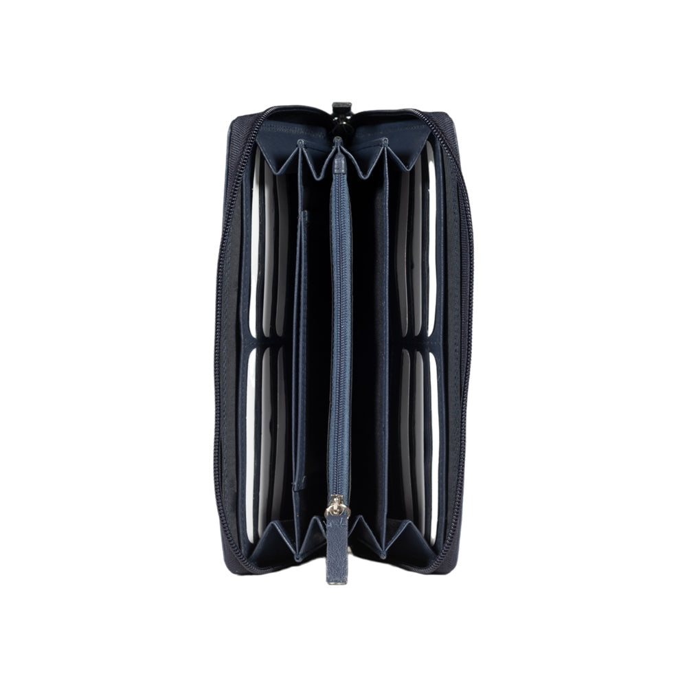 RB12080D | Portafogli Donna in Vera Pelle pieno fiore, con leggera grana. Colore Blu. Protezione RFID. Dimensioni: cm 20 x 10 x 2,5. Confezione: Scatola regalo fondo/coperchio
