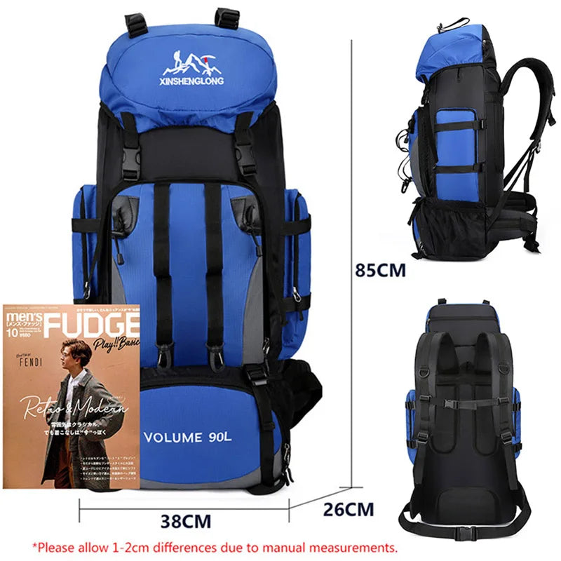 90L Waterproof Camping Backpack with Cover Blue