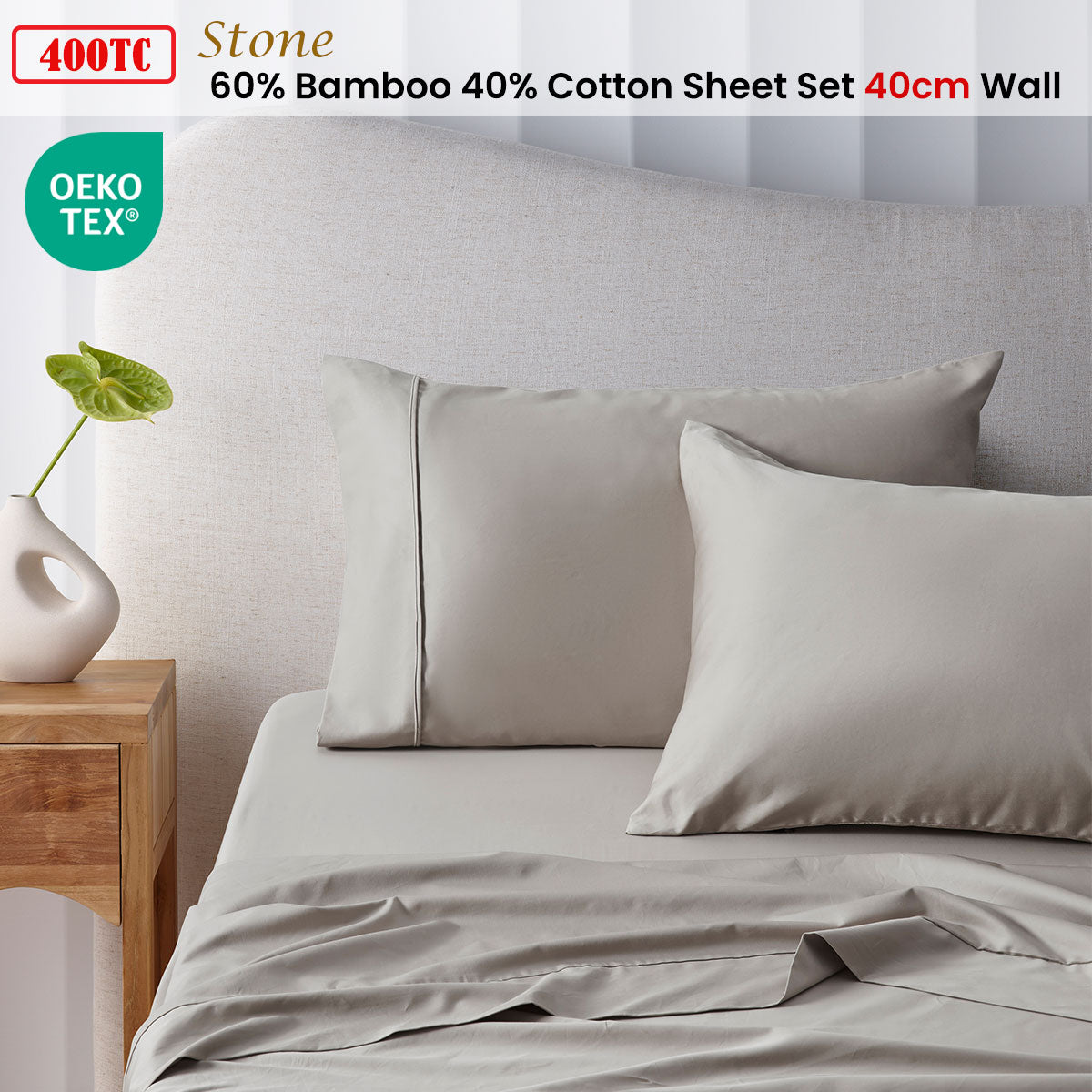 NNEDSZ 400TC Stone Bamboo Cotton Sheet Set 40cm Wall King Single